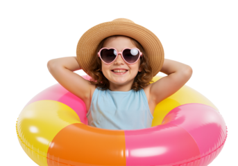Happy Little Girl Wearing Summer Clothes with Inflatable Swimming Ring on Transparent and White Background, Cut Out PNG
