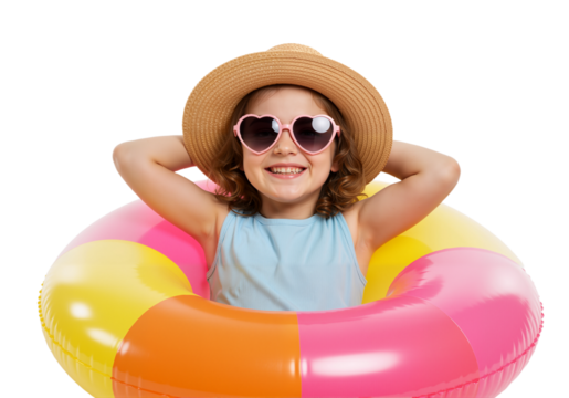 Happy Little Girl Wearing Summer Clothes with Inflatable Swimming Ring on Transparent and White Background, Cut Out PNG