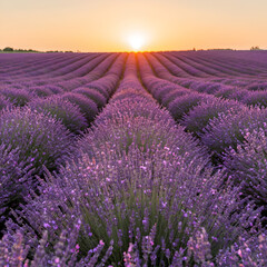 Lavender fields at sunset with rows of purple flowers  