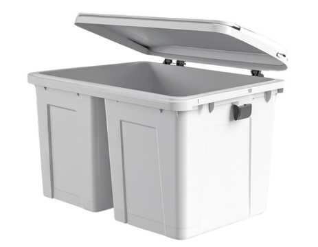  3D Trash Can with Open Lid and Tilted Angle, Realistic Plastic Texture, Isolated