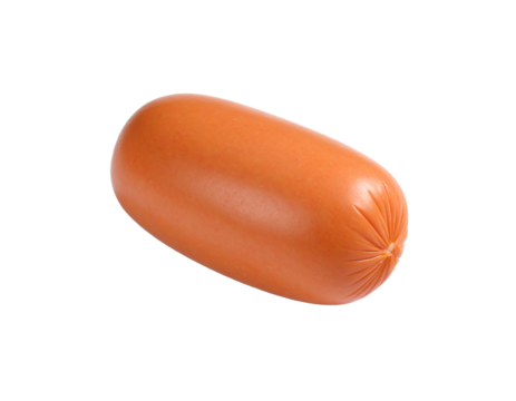 A cooked breakfast sausage link, golden brown and isolated on a white background, perfect for a morning meal.