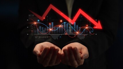 Economic caution visualized with fluctuating market graph, alert symbols, and negative data trends....
