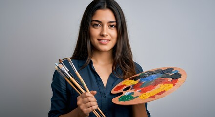 Young woman holding paint brushes and a palette with various colors against a gray background