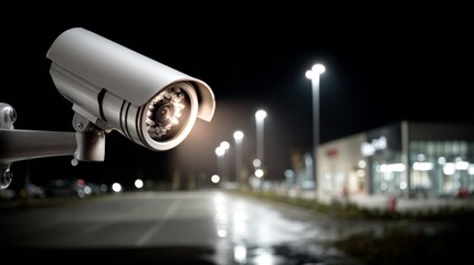 An image of a CCTV camera overlooking a parking lot at night, with the camera illuminated by a soft light, emphasizing its role in nighttime security