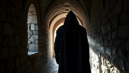 Mysterious figure walking through ancient stone corridor historic site dramatic lighting