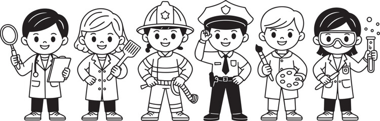Diverse Professions Line Art Featuring Children Dressed as Various Career Roles