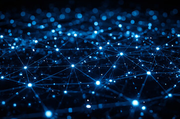 Abstract connected glowing blue dots and lines on a dark background, A futuristic network connection with a dark backdrop showing a modern connection