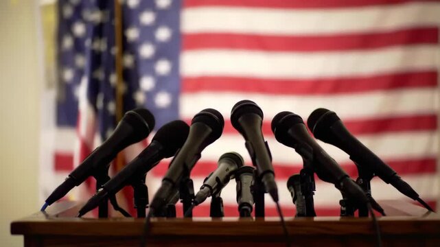 Black Microphones Set Up on Press Conference Podium with American Flag Background, for Political News Event or Patriotic Announcement