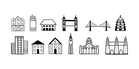 Black and White Building Icons Seamless Pattern Featuring Famous Landmarks on transparent background This seamless