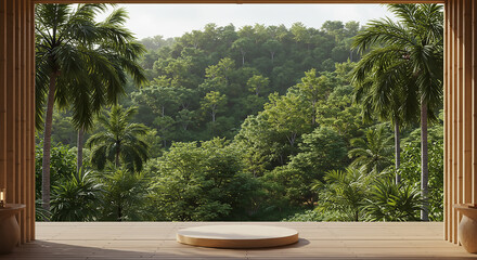Tranquil tropical forest view from stylish wooden deck with a podium for product placement