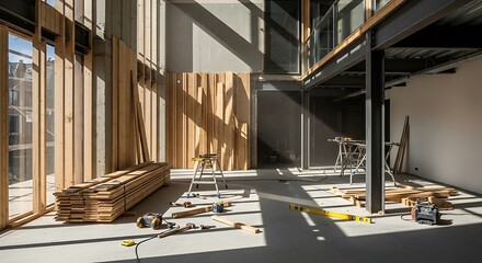 Interior building construction with wooden planks and tools on the floor
