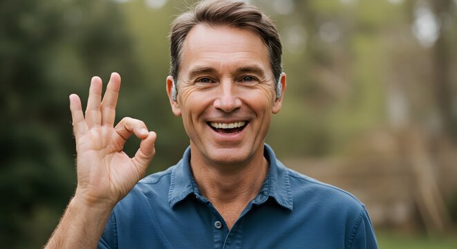 A smiling man in a blue shirt makes an ok hand gesture outdoors with a blurred background of trees