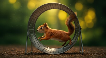 Energetic red squirrel running on a wheel in a sunlit forest, a concept of routine and endless motion.