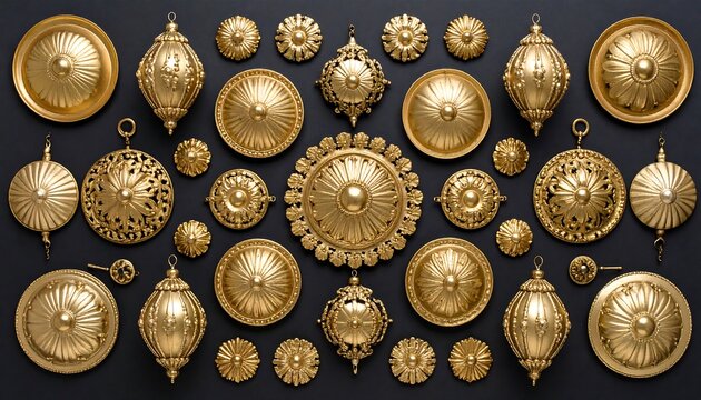 Gold decorative objects arranged on a dark background