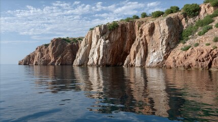 Red rock formations mirror in calm waters during golden hour, creating a stunning natural landscape along the coast