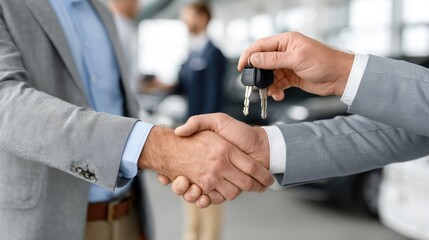 Two businessmen shake hands while handing over car keys in a showroom, signifying a successful car sale and new ownership