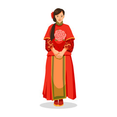 Woman in traditional red ethnic costume with floral elements, flat graphic style, standing on white background. Concept of cultural heritage. Vector illustration