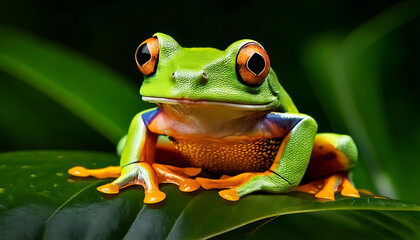 Vibrant red-eyed tree frog perched on a lush green leaf.  Stunning macro photography showcasing intricate details  vivid colors. Ideal for nature documentaries, websites, or educational materials.