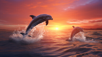 Dolphin jumping out of ocean water at sunset wildlife photography nature background wallpaper desktop hd image