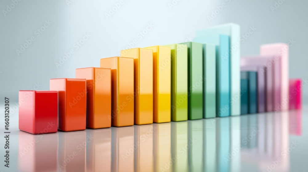 Fototapete array of rainbow-colored d bars in a row, gradually increasing in height, with smooth shadows and re