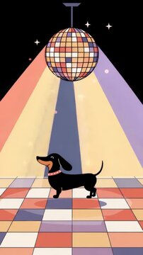 A cheerful dachshund enjoys its time dancing under a sparkling disco ball in a vibrant atmosphere