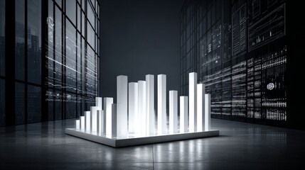 A D bar graph with bright, metallic bars showing financial data in a minimalist setting, with a modern, sleek digital interface in the background.