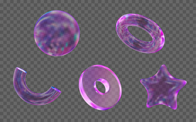 3d set glass transparent holographic geometric shape:  sphere, torus, star, disk. Simple neon figures with grid for your design. Stock vector illustration on isolated background.