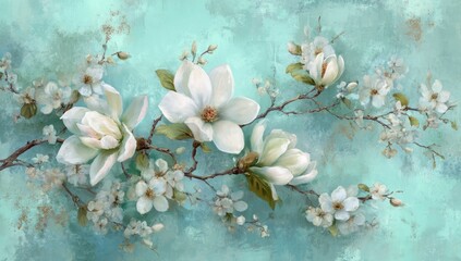 Delicate floral arrangement of magnolia and cherry blossoms on a teal backdrop.
