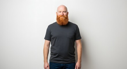 A bald man with a red beard wearing a gray shirt and blue jeans standing against a white background