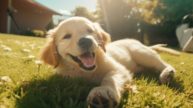 Golden retriever puppy playing in the grass cute dog breeds family pets canine happy animal outdoors sunshine 100 - Powered by Adobe