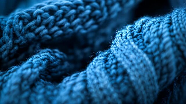 Close-up of intensely blue knitted fabric with a braided pattern
