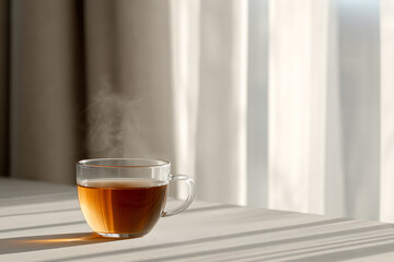morning tea ritual, indoor scene a cup of steaming tea by a window with soft curtains and morning light creates a cozy ambiance