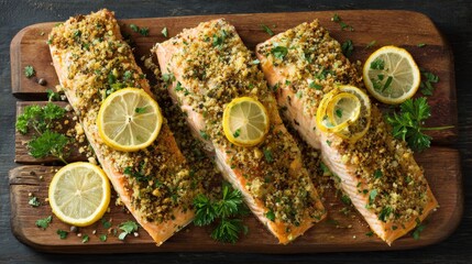 A beautifully arranged platter of baked salmon with a crust of herbs and breadcrumbs, served with lemon slices and fresh parsley, highlighting a gourmet meal