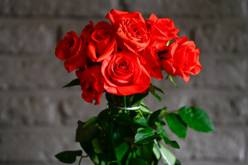 Bunch of orange roses with green leaves on a blurred background in the living room