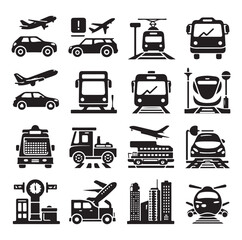 Air Auto Railway Transport Silhouette Icon Set. Stop Station Sign for Public Transport Glyph Pictogram. Car, Bus, Tram, Train, Metro, Plane, Ship Icon in Front vector graphics