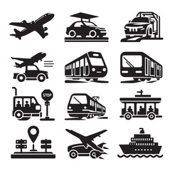 Air Auto Railway Transport Silhouette Icon Set. Stop Station Sign for Public Transport Glyph Pictogram. Car, Bus, Tram, Train, Metro, Plane, Ship Icon in Front vector graphics