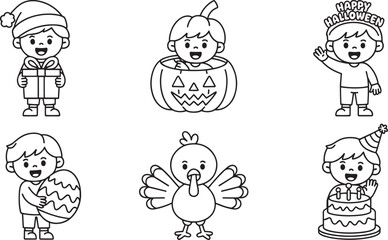Fototapeta premium Smiling Boy with Pumpkin Outline Vector Illustration Autumn Harvest Season Fun