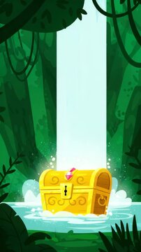 Exploration in dense jungle leads to discovery of bright treasure chest near a sparkling waterfall