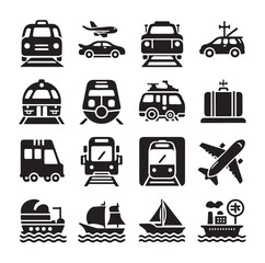Air Auto Railway Transport Silhouette Icon Set. Stop Station Sign for Public Transport Glyph Pictogram. Car, Bus, Tram, Train, Metro, Plane, Ship Icon in Front vector graphics