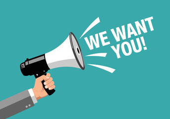 Hand holding a megaphone announcing we want you with sound waves symbolizing recruitment and a call to action