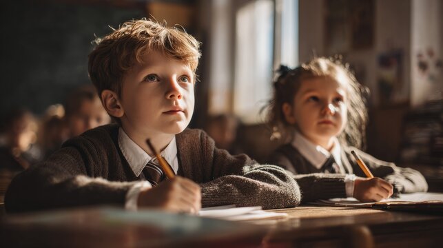 Schoolboy and schoolgirl in uniform sitting at desk with pencil, concentrating on writing in classroom. Background for education, learning, child development, school environment - Powered by Adobe