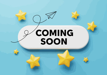 Exciting announcement coming soon featuring a whimsical paper airplane and sparkling stars on a bright blue background
