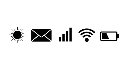 Displaying a collection of five distinct black and white icons on a plain white background space here now