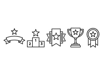 Line art illustration showing a banner, podium, award ribbon, trophy, and rosette with stars inside