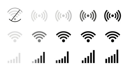 Various wifi and signal strength icons in shades of gray and black arranged on a white background