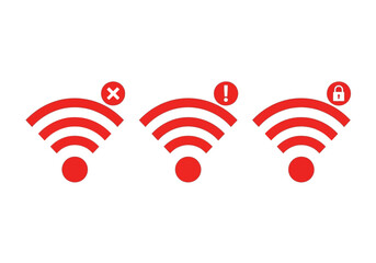 Three red wifi icons with different statuses on a white background showing connection issues and security