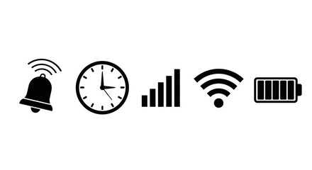 A collection of five black and white icons including a bell clock signal wifi and battery symbol icons