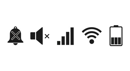 A collection of black and white icons representing notification, sound, signal, wifi, and battery status