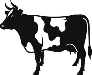 Black and white cow silhouette, dairy cattle graphic, farm animal illustration, livestock vector art, milk cow design, agricultural concept, rural livestock image.