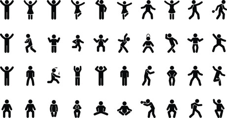 Silhouette human figures, dancing poses, yoga poses, workout icons, happy people, exercise symbols, stickman movement, lifestyle pictograms, fitness actions, activity illustrations, motion gestures